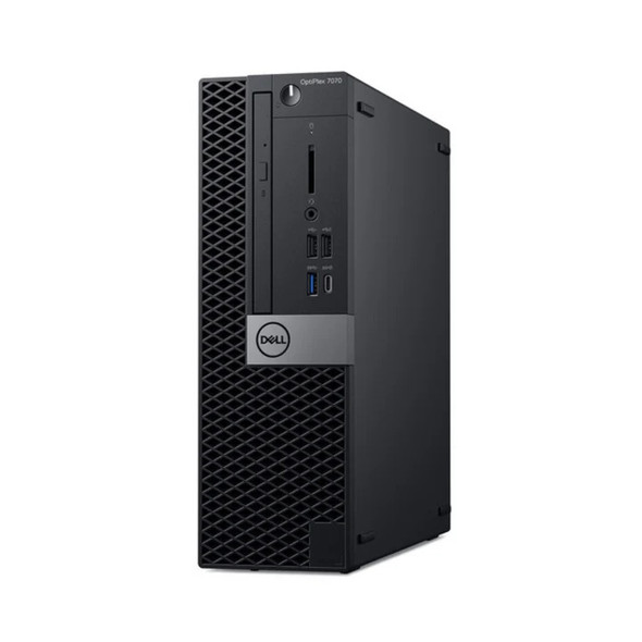 A studio shot of a Dell OptiPlex 7070 Small Form Factor (SFF) desktop computer, shown from a three-quarter perspective to highlight both the front and the right side of the chassis.

Physical Details:

Front Panel: Features a black diamond-mesh grille on the left and a smooth black I/O panel on the right. The I/O panel includes the power button, a slim vertical optical drive, an SD card reader, an audio jack, and four USB ports (including one USB-C). A silver square plate with the circular Dell logo sits in the center.

Side Panel: The right side of the computer is a solid, matte black metal panel. Four small, rectangular rubber feet are visible near the corners, allowing the PC to be placed horizontally if desired.

Form Factor: The device has a slim, compact rectangular design, characteristic of professional small form factor workstations.