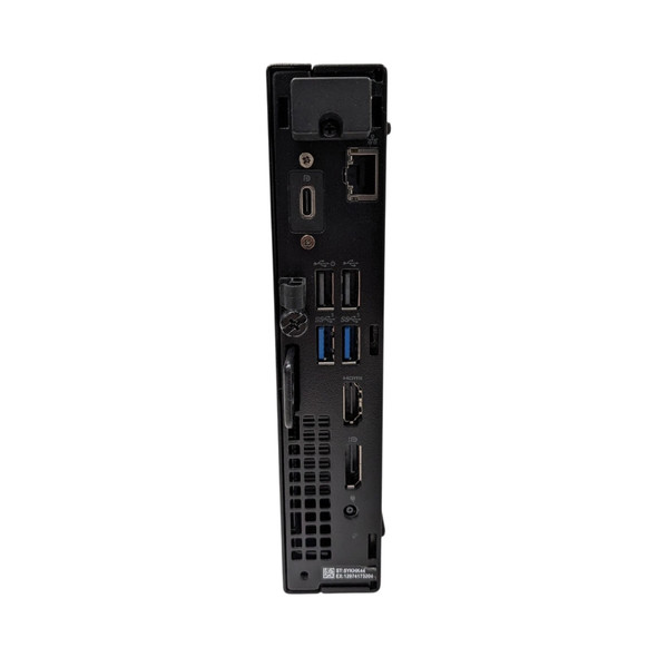 This image shows the rear I/O panel of a Dell OptiPlex 7020 Micro Form Factor (MFF) desktop computer, displayed vertically against a white background.

The rear connectivity and features, from top to bottom, include:

Antenna Housing: A black plastic mounting point at the top for an external Wi-Fi antenna.

Optional Video Port: A DisplayPort connector installed in the optional slot, secured by two screws.

RJ-45 Ethernet Port: Located to the right of the optional port for wired networking.

USB Ports: A stack of four USB Type-A ports:

Two USB 2.0 ports (top pair) with Smart Power On support.

Two USB 3.2 Gen 1 ports (bottom pair) featuring blue plastic interiors.

Video Outputs: * One HDMI 1.4b port.

One DisplayPort 1.4a connector.

Power Connector: A small circular DC-in port at the bottom for the external power adapter.

Security & Service Details: * A Kensington cable lock slot and a padlock ring are visible on the left edge.

A small sticker at the base displays the Service Tag: 5YKHK44
