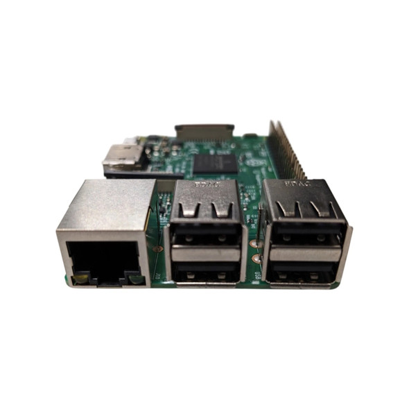 An eye-level, close-up studio shot focusing on the input/output ports of a Raspberry Pi 3 Model B V1.2. The green circuit board is shown from the front edge, highlighting the metallic connectivity hardware.

Visible Ports and Features:

Ethernet Port: On the left, a large, silver metallic RJ-45 Ethernet jack is prominent, featuring two small indicator LEDs at the bottom.

USB Ports: To the right of the Ethernet jack are two stacked pairs of USB 2.0 Type-A ports (four ports total). The silver metal housings are stamped with "EDAC."

Background Detail: The depth of field is shallow, blurring the main Broadcom processor, the 40-pin GPIO header on the right, and the HDMI port in the background.

PCB Markings: Small white text labels like "J10" and "USB" are printed on the green board near the base of the connectors.

The device is isolated against a solid white background, emphasizing the industrial design of the components.