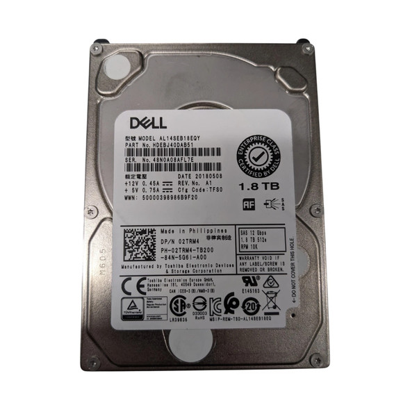 A top-down, full-frame studio shot of the front of a Dell 1.8TB 10K SAS 2.5-inch SFF Enterprise Hard Disk Drive. The drive features a silver metallic casing with a large white information label covering the majority of the top surface.

Key Information on Label:

Branding: A bold black Dell logo is at the top left, with an "Enterprise Class Certified by Dell" seal on the right.

Model & Part Numbers: Model AL14SEB18EQY, Dell Part Number (DP/N) 02TRM4, and Model Number HDEBJ40DAB51.

Specifications: Capacity is listed as 1.8 TB. Other specs include SAS 12 Gbps, 10K RPM, and 512e sector format.

Manufacturing Details: Manufactured by Toshiba Electronic Devices & Storage Corporation in the Philippines. The manufacture date is 2018-05-08.

Power Rating: +12V 0.45A and +5V 0.75A.

Regulatory Logos: The bottom of the label contains numerous certification symbols, including CE, UL, TUV Rheinland, and RCM.