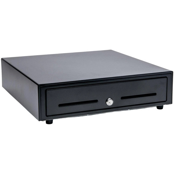 The image star-full-size-cash-drawer-37965600-side.jpg features a black Star Micronics CD3-1616 cash drawer shown from a three-quarter perspective while closed.

Alt Text Description
Perspective: A high-angle, three-quarter view from the front-left, emphasizing the depth and solid steel construction of the unit.

Chassis: The cash drawer has a matte black finish with a rectangular, heavy-gauge steel body.

Front Panel Detail: The front of the closed drawer includes two horizontal media slots for checks and documents and a central silver-toned key lock.

Base: Small, black non-slip rubber feet are visible at the bottom corners, providing stability for point-of-sale use.

Background: The entire unit is isolated against a plain white background.