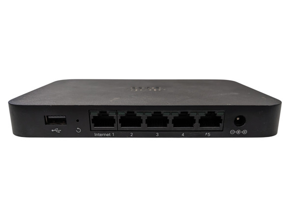 The image cisco-meraki-z3-vpn-firewall-ports.jpg shows the rear interface panel of a black Cisco Meraki Z3 teleworker gateway.

Alt Text Description
Ethernet Ports: The device features five total GbE ports arranged in a row: one labeled Internet 1 (WAN) and four local area network ports numbered 2 through 5.

PoE+ Support: Port 5 is marked with a lightning bolt icon, indicating it is an 802.3at PoE+ port for powering external devices.

USB Connectivity: A single USB port is located on the far left, designed for LTE failover via a cellular modem.

Power & Reset: On the far right is a circular DC power input with polarity diagrams, and a small, recessed reset button is positioned between the USB port and the Ethernet bank.

Design: The unit has a slim, textured black chassis with a low-profile desktop form factor.