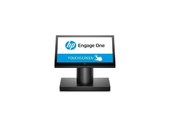 A professional studio shot of the HP Engage One Pro All-in-One point-of-sale system against a white background. The terminal is all black with a landscape-oriented touchscreen display mounted on a thick cylindrical stand and a flat rectangular base. The screen displays a white and blue graphic featuring the circular HP logo, the text "Engage One," and a blue banner at the bottom that reads "TOUCHSCREEN" next to a hand icon with a pointing finger.