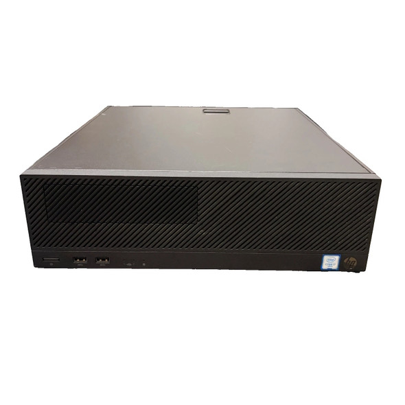 Front-facing view of a black HP Engage Flex Pro point-of-sale terminal positioned horizontally on a white background. The front panel features a diagonal slatted ventilation grille with a rectangular optical drive bay on the left side. Along the bottom edge, there is a power button, two USB ports, a headphone jack, an Intel Core i7 vPro sticker, and a circular HP logo on the far right. The top of the unit is a flat, matte black surface with a small latch for chassis access.