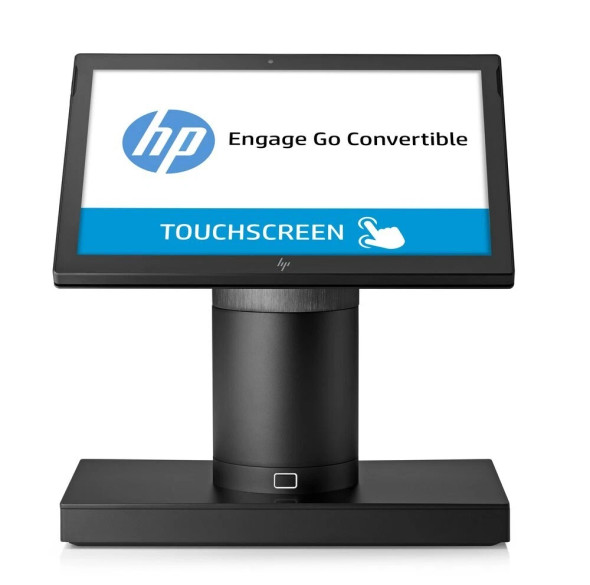 A precise front view of the HP Engage Go 10 touchscreen point-of-sale mobile system, shown on a clean white background. The unit is all black with a modular design. The 10-inch, removable tablet is docked and positioned horizontally, displaying a white screen. On the screen, a large blue and white HP logo is prominent on the left, with the text "Engage Go Convertible" to its right. Below this, a wide blue bar features the text "TOUCHSCREEN" and an icon of a hand with a pointer finger. A subtle HP logo is also centered on the tablet's lower bezel. The tablet is supported by a substantial black cylindrical stand that rests on a simple, square black base. A rectangular button is visible at the very bottom center of the cylindrical stand. The overall appearance is modern and commercially focused.