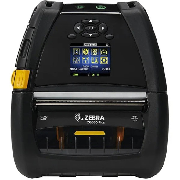 An overhead, studio shot of a Zebra ZQ630 Plus mobile thermal printer, positioned vertically against a plain white background. The device is made of rugged black plastic with a slightly textured finish. The top half features a small, rectangular color LCD screen showing an inverted home menu with yellow icons on a blue and black background. The text on the screen reads "ZQ630R PLUS" and "ZEBRA." Above the display, a directional pad with a central "OK" button and two additional circular buttons are arranged for navigation. At the very top edge, there are two small, illuminated green power and status buttons. The lower half of the printer shows the paper feed slot with a metallic edge and a transparent dark amber window below it, revealing the internal media compartment. A bright yellow release latch is visible on the upper left side of the unit. The Zebra logo and "ZQ630 Plus" are printed in white text across the front center, flanked by small white icons indicating Wi-Fi certification on the left and UHF RFID capability on the right.