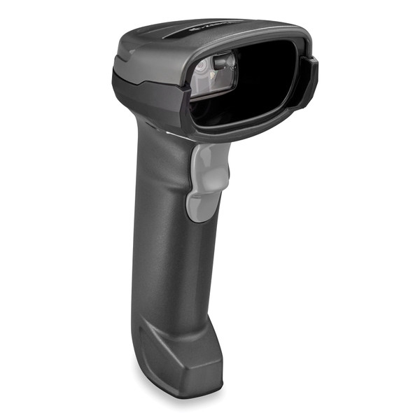 A three-quarter studio shot of a handheld barcode scanner isolated on a white background. The device features a twilight black ergonomic body with a light gray trigger button and a matching light gray top panel. The recessed scan window reveals the internal imaging lens, and a soft shadow is cast to the left of the scanner's base.