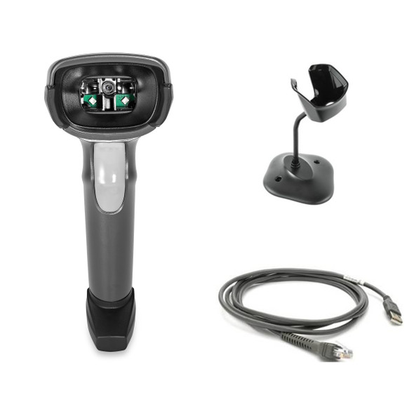 A product kit display isolated on a white background showing the components of a corded barcode scanner system. On the left is a handheld 1D/2D imager in twilight black with a light gray trigger and a recessed scan window showing internal optical components. To the right is an adjustable gooseneck IntelliStand with a black weighted base and a contoured cradle. Below the stand is a coiled dark gray shielded USB cable with a standard USB-A connector on one end and a modular RJ45-style connector on the other.