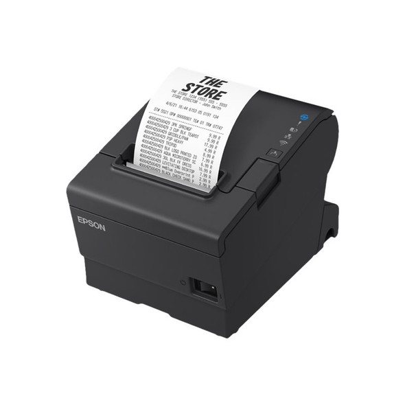 A three-quarter isometric view of an Epson OmniLink TM-T88VII thermal receipt printer in a matte black finish. The printer is angled to show the front and right-side panels, with a long white receipt printed and resting over the top cover.

The design features:

A top-discharging paper slot centered on the upper lid.

A vertical control panel on the right side with several status icons (including power and connectivity symbols), blue and orange indicator lights, a circular Feed button, and a square cover-release latch.

The EPSON logo printed in white on the lower-left front corner.

A recessed power rocker switch positioned at the bottom right.

The overall form factor is compact and robust, shown against a solid white background.