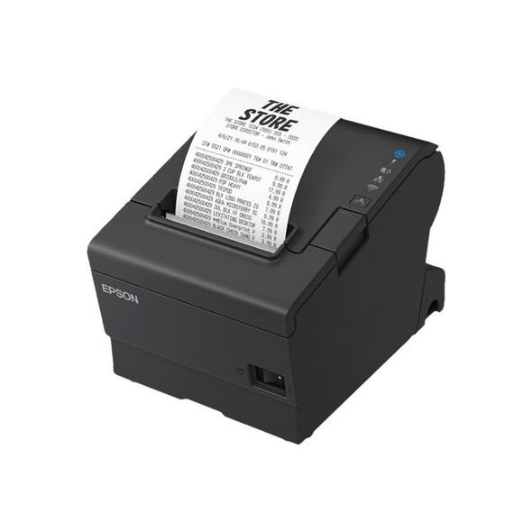 A three-quarter isometric view of an Epson OmniLink TM-T88VII thermal receipt printer in a matte black finish. The printer is angled to show the front and right-side panels, with a long white receipt printed and resting over the top cover.

The design features:

A top-discharging paper slot centered on the upper lid.

A vertical control panel on the right side with several status icons (including power and connectivity symbols), blue and orange indicator lights, a circular Feed button, and a square cover-release latch.

The EPSON logo printed in white on the lower-left front corner.

A recessed power rocker switch positioned at the bottom right.

The overall form factor is compact and robust, shown against a solid white background.