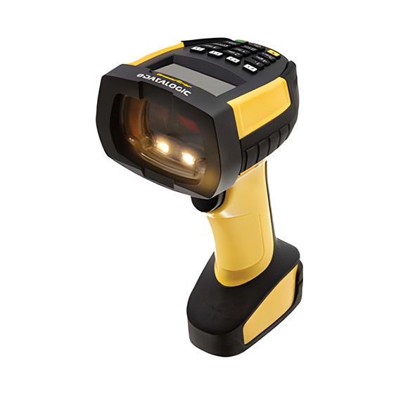 A three-quarter view of an industrial, ultra-rugged Datalogic PowerScan handheld barcode scanner standing upright against a white background. The device features a robust yellow and black plastic housing with a thick, protective black rubber bezel surrounding the front scan window. Two bright illumination LEDs are visible glowing inside the clear scanning aperture.

The top-rear surface of the scanner head is angled upward, showing a built-in digital display window with the "DATALOGIC" logo right above it, alongside a physical 16-key alphanumeric keypad. A black trigger button sits nestled under the yellow ergonomic handle grip, which extends down to a heavy, weighted black and yellow battery base.