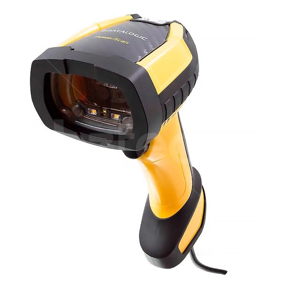 An industrial handheld barcode scanner with a yellow and black ruggedized casing, viewed from a high three-quarters angle against a white background. The large, rectangular scan head is turned toward the left, protected by a prominent, raised black rubber bezel surrounding the clear scan window. Inside the glass lens, internal imaging sensors and dual aiming LEDs are visible. The top of the scanner head features a curved black panel with the white "DATALOGIC" logo and yellow "PowerScan" text. A smooth yellow plastic handle slopes downward, tapering into a flared black rubber base where a black cable extends from the bottom right.