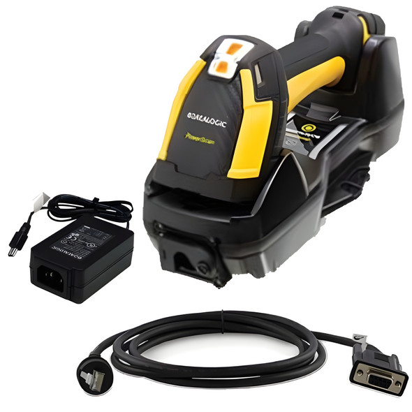 A product group shot on a pure white background showcasing the multiple hardware components included in the Datalogic PowerScan PM9600-HP industrial barcode scanner kit. Dominating the upper right is the yellow and black rugged handheld scanner securely docked horizontally inside its black wireless charging cradle. To the lower left rests a black rectangular power adapter brick with a coiled power cord, showing a three-pronged AC inlet on its front face. Stretched across the bottom is a thick, coiled black interface cable featuring a proprietary circular connector with a right-angle strain relief on the left end and a wide multi-pin serial or host connector on the right.