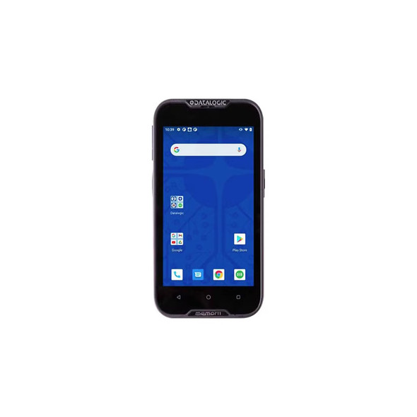 A direct, centered studio product shot against a pure white background showing the front face of a black Datalogic Memor 11 mobile computer terminal. The semi-rugged Android PDA is framed by a durable dark gray bezel, featuring a white "DATALOGIC" logo at the top and "memor 11" stamped into the lower chin. The illuminated 5-inch touch screen displays a vibrant blue home wallpaper with a standard Android interface layout, including a top Google search bar, application folders for Datalogic and Google utilities, the Google Play Store icon, and a row of quick-access dock shortcuts across the bottom.