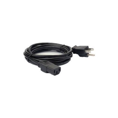 An overhead studio shot against a seamless white background shows a heavy-duty, black Zebra AC power line cord. The cable is coiled neatly in a loop. One end features a molded black, standard US 3-prong male plug (NEMA 5-15P) with solid metal prongs. The opposite end features a standard black, molded 3-pin female IEC C13 connector socket, designed to plug into enterprise power brick supplies.