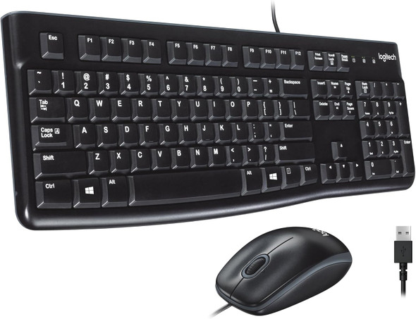 An overhead, angled product shot of the black Logitech MK120 wired keyboard and mouse combo against a white background.

The full-sized keyboard is positioned at the top, angled slightly to the right, showing low-profile keys, a standard QWERTY layout, a full numeric keypad, and a curved bottom edge. A black USB cable extends from the top center. Below and to the right sits a matching black, contoured optical mouse with a gray scroll wheel and a cord extending from the front. An isolated close-up of a standard male USB-A connector is shown vertically on the far right.