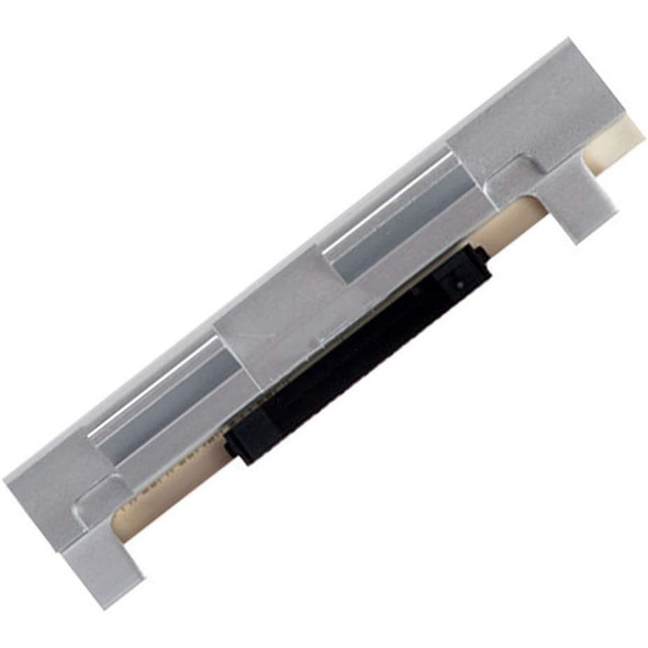 Rear view product photograph of the IBM/Toshiba 44D0189 thermal printhead assembly, shown diagonally against a plain white background. This side highlights the heavy-duty matte silver aluminum heat sink chassis that forms the backing of the unit, featuring molded structural ridges and cutouts for installation alignment. A black rectangular electronic interface connector is visible, centered along the inner edge beneath the metal casing.