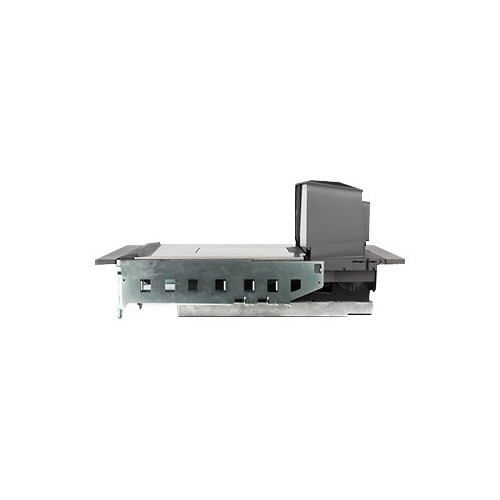 side profile view of the Datalogic Magellan 9400i scanner and scale system. The image highlights the device's slim profile, the horizontal stainless steel scale platter, the upright scanning bonnet with the 'Datalogic' logo, and the lower metal mounting chassis with square ventilation cutouts, all set against a clean white background.