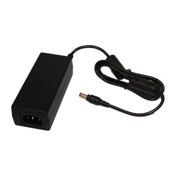 A high-angle view of the Datalogic 94ACC0197 external power adapter brick on a solid white background. The black plastic brick shows a 3-prong C14 AC power inlet on the front face, with its permanently attached DC output cable looped and bundled, ending in a straight barrel connector tip.