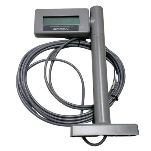 Datalogic 90ACC0522 remote scale display kit featuring a grey single-head digital LCD screen mounted on a vertical counter pole with a wide T-shaped base, shown with its attached coiled grey interface cable.