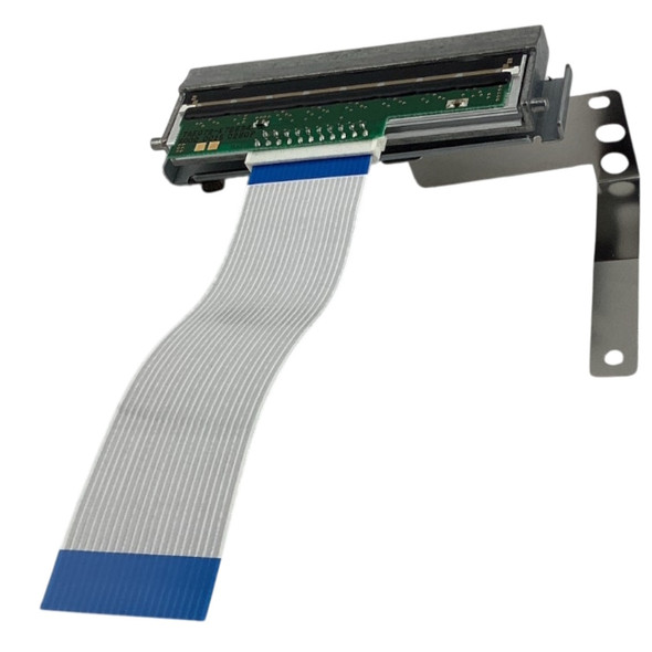Angled front view of the Bixolon thermal printhead assembly showcasing the thermal print element, green PCB, metal mounting frame, and attached ribbon cable.