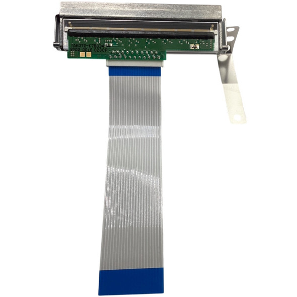 Front view of a Bixolon 180 dpi thermal printhead assembly showing the green circuit board, mounting bracket, and connected flat flexible ribbon cable extending downward.