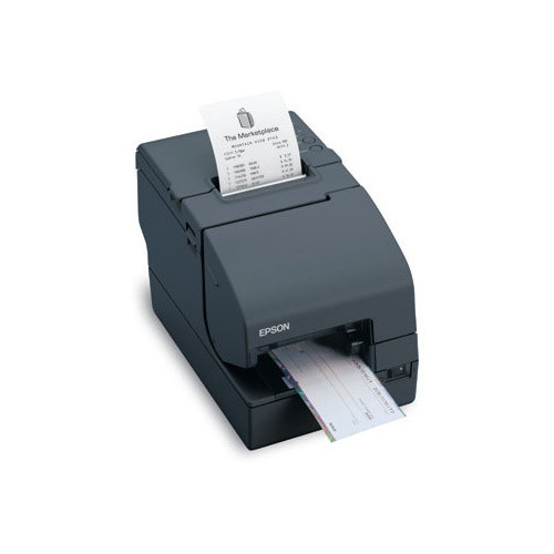 A high-angle perspective view of a dark gray Epson TM-H2000 multifunction printer on a white background. The hybrid unit displays a printed thermal receipt emerging vertically from the top slot, while a paper bank check feeds horizontally through the dedicated lower front validation and MICR scanning slot.