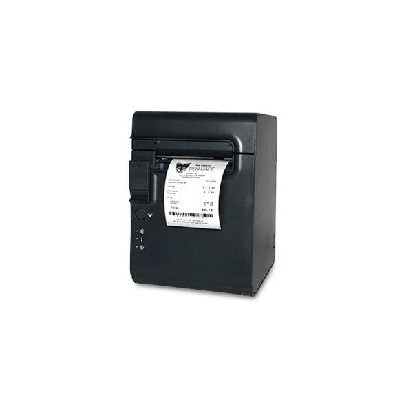 An angled front view of a dark gray Epson TM-L90II LFC thermal label and receipt printer on a solid white background. A printed sample receipt with a cafe logo and barcode is feeding out from the front slot. The printer features a compact, upright design with a feed button and small LED indicator lights visible on the lower-left front panel.
