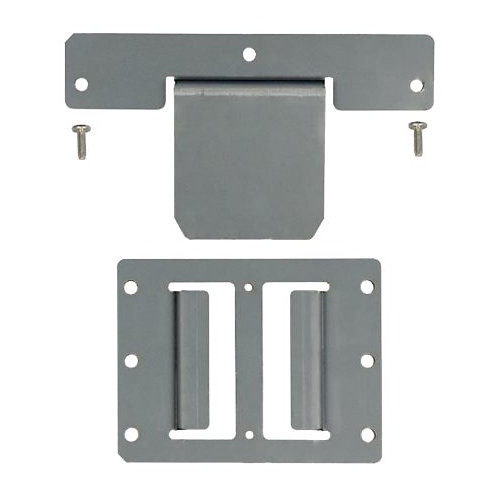 Top-down product layout view of the complete Epson OT-WH30 wall hanging bracket kit contents on a white background, displaying a T-shaped gray metal mounting fixture at the top flanked by two silver screws, and the rectangular gray metal main bracket plate directly below it.
