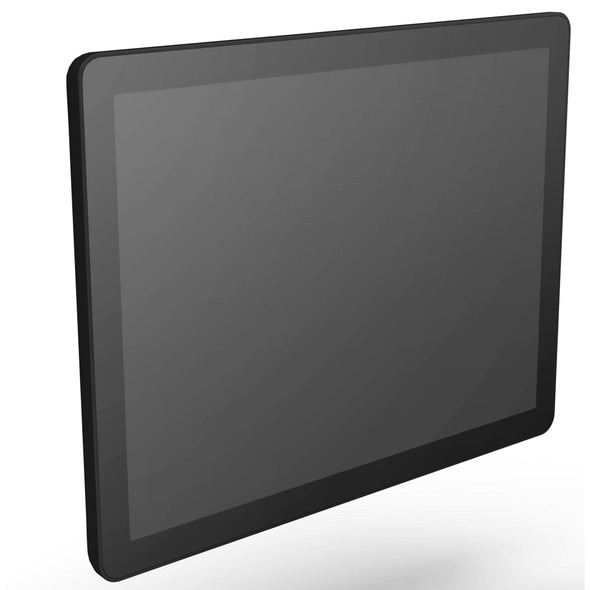 Three-quarter front view of a charcoal POSBANK APEXA 9.7" customer-facing touchscreen display featuring a true-flat, bezel-free glass panel.