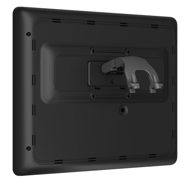 Rear view of a charcoal POSBANK APEXA 12.1" customer display monitor, showcasing the matte black back casing, cooling ventilation border slots, and the integrated central mounting hinge arm.