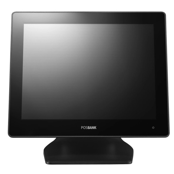Front view of a charcoal POSBANK APEXA G 15" all-in-one touch POS terminal, featuring a true-flat display screen, a centered silver brand logo, and a sleek desktop stand.