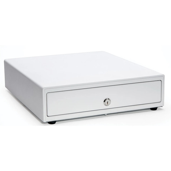 Closed Star Micronics Choice Series CD4-1616 white cash drawer shown from an elevated side angle on a white background. The perspective highlights the depth of the square steel chassis, the seamless design of the side panel, the flat top surface, and the front face featuring a centered silver key lock and black rubber feet.