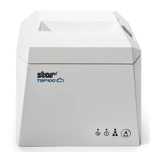 A white Star Micronics TSP143IV X4 thermal receipt printer shown from a straight-on front perspective against a white background. The image highlights the clean, matte white plastic housing, the prominent "star TSP100" branding and blue cloud logo on the left side, a paper exit slot on top, and four small status and feed symbols lined up on the lower right corner.