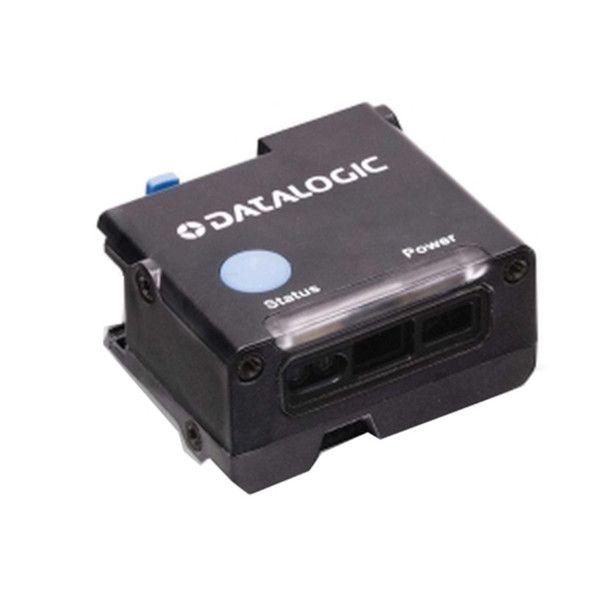 Alternative front perspective view of the compact, black Datalogic Gryphon GFS4520 fixed-mount barcode scanner module, angled slightly to reveal the opposite side panel against a white background. The top surface displays the white printed Datalogic logo, a light-blue circular test button, and clear plastic LED windows for "Status" and "Power" alerts right above the rectangular 2D imager lens window.