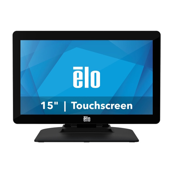 A straight-on product photo from elo-1502l-15.6in.-widescreen-lcd-touchscreen-monitor-e155645-front.jpg showing a black Elo widescreen touchscreen monitor mounted on its low-profile desktop stand. The display features a bright blue geometric background with a large white Elo logo and the text "15" | Touchscreen" across the bottom half, isolated on a white background.