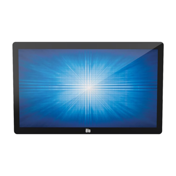 Front view of Elo 2202L 22-inch touchscreen monitor (E351600) featuring a widescreen display with a seamless edge-to-edge clear glass bezel and the Elo logo centered on the bottom border. The screen displays a blue abstract starburst graphic.