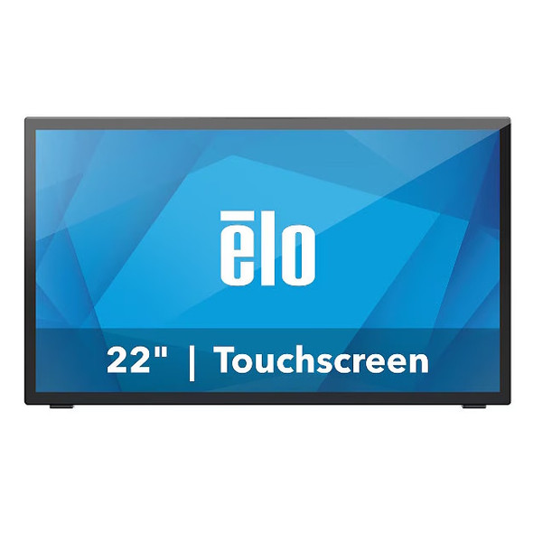 Straight-on front view of the Elo 2270L 22-inch commercial touchscreen monitor (E511214) with a matte black bezel. The screen displays a bright blue geometric background featuring the white "ēlo" logo in the center and the text "22" | Touchscreen" in bold white lettering across the bottom.