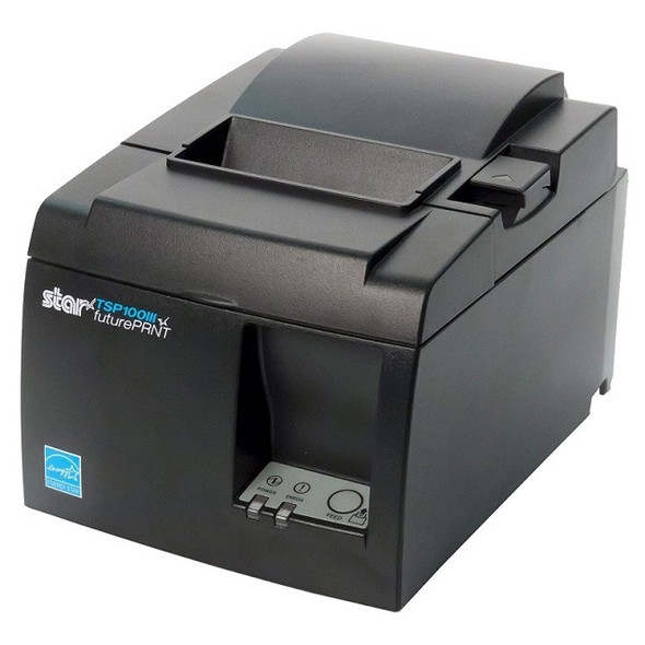 An angled, perspective product shot of a black Star Micronics TSP100III thermal receipt printer, viewed from the front-right side. The image showcases the printer's deep, compact chassis and matte black finish against a clean white background. The front panel prominently displays the "star futurePRNT TSP100III" branding and an Energy Star sticker on the left, alongside the recessed lower control panel featuring Power and Error LED lights and a circular Feed button. The top details—including the textured paper exit slot and the rectangular cover release lever on the right edge—are clearly visible from this dynamic angle.