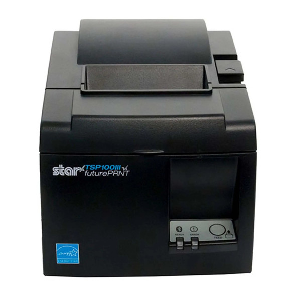 A front-facing product shot of a black Star Micronics TSP100III thermal receipt printer. The printer has a boxy, compact design with the "star futurePRNT TSP100III" logo in light blue and white text on the front-left panel. The lower right features a small control panel with a circular Feed button and LED indicator lights for Ready (showing a Bluetooth icon) and Error. An Energy Star logo sticker is visible on the bottom-left corner. The top of the unit shows the paper output slot and a mechanical cover release lever on the right. The background is solid white.