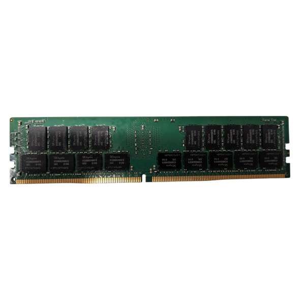 The reverse side of an SK Hynix 32GB DDR4 server memory module (RDIMM), shown horizontally against a solid white background.

The green printed circuit board (PCB) displays a dual-rank layout featuring rows of black rectangular DRAM memory chips cleanly soldered across the surface. Tiny surface-mount components, resistors, and circuitry patterns are visible on the green substrate, with a continuous row of gold-plated connection pins running along the bottom edge. Unlike the front side, this back view has no white manufacturer labels or stickers.