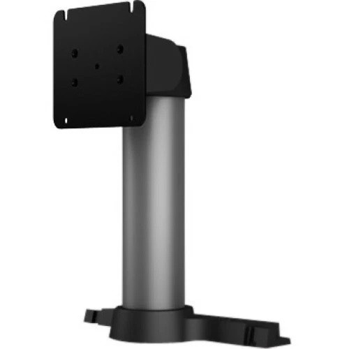 An Elo rear-facing customer display pole mount kit (model E038989), captured from a three-quarter side perspective against a plain white background.

The image highlights the depth of the assembly, showcasing the square black VESA mounting plate positioned forward on a top bracket arm. The arm is connected to a thick, vertical cylindrical silver metal pole. The entire unit rests on a sculpted black composite mounting base that extends backward to align with an X-Series POS terminal frame.