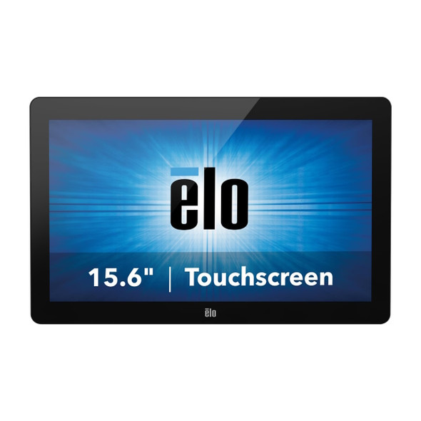 An Elo 15.6-inch widescreen touchscreen monitor (model ET1502L / E318746), shown from a straight, front-facing viewpoint against a solid white background.

The display features a modern, true-flat edge-to-edge glass design with a clean black bezel. A small Elo logo is centered along the bottom bezel. The screen itself displays a bright blue graphic with radial light rays, featuring a prominent black "elo" logo in the center and the white descriptive text "15.6" | Touchscreen" stretching across the lower half.