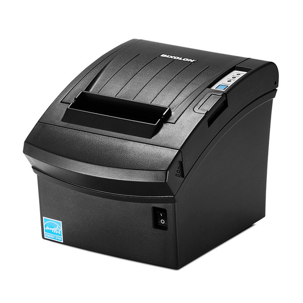The file bixolon-srp-350plusiii-pos-thermal-receipt-printer-srp-350plusiiicosg-rdu-front.jpg showcases the front and side profile of a black BIXOLON POS thermal receipt printer, viewed from a high three-quarter angle against a white background.

The device features a curved, matte black top cover with a ridged design, the white BIXOLON logo near the top, and a wide paper exit slot at the front edge. To the right of the lid, a small control panel includes a blue feed button and three small LED indicator lights labeled Power, Error, and Paper. The lower front panel houses a rectangular power switch on the right side and a blue Energy Star certification sticker on the bottom-left corner.
