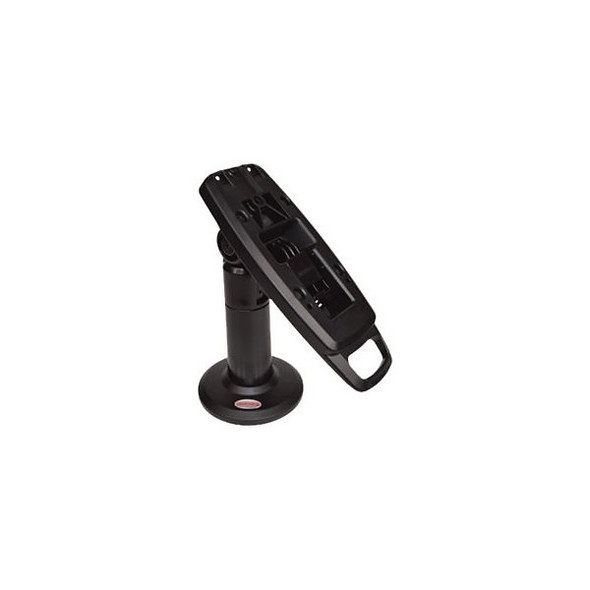 The file ens-flexipole-complete-counter-mount-quick-release-stand-ass30121-side.jpg displays a three-quarter studio shot of a black ENS FlexiPole payment terminal counter stand, isolated against a solid white background.

The standalone hardware consists of a vertical metal mounting pole supported by a flared circular base flange, which features a small red and white branding oval near the front edge. Fixed to the pivoting hinge at the top of the pole is an elongated, rectangular composite mounting plate tilted backward at an angle. The open-faced mounting plate shows a recessed pattern of screw cutouts, slots, and central guide tracks designed to lock an adjustable terminal adapter plate securely into place, complete with an open D-shaped handle loop molded into its bottom edge for easy tilt manipulation.