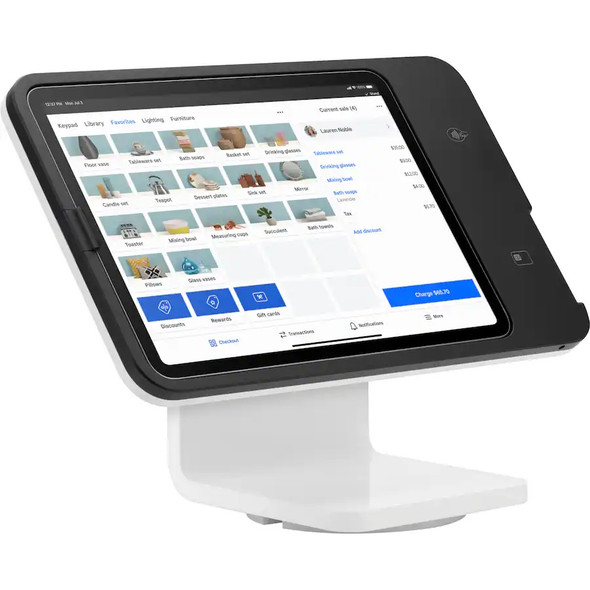 Here is the alt text for the image square-stand-for-ipad-2nd-generation-usb-c-a-sku-0837-front.jpg:

Alt Text:
A close-up product shot of a black Square Stand for iPad (2nd generation) mounted on a white, angled desktop base. The iPad screen displays a retail point-of-sale interface featuring product icons like home decor and kitchenware, with a current checkout total of $65.70. The right side of the black enclosure integrates a built-in card reader icon for contactless and chip payments. The entire unit is isolated against a solid white background.