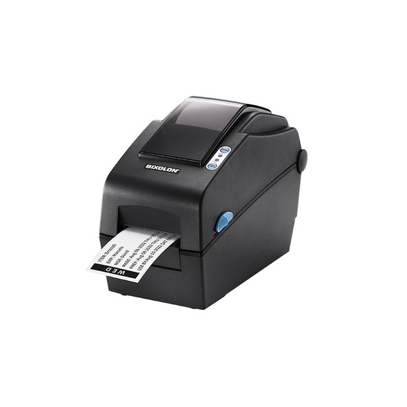 Front three-quarter view of the BIXOLON SLP-DX220EG 2-inch direct thermal barcode label printer in black, actively dispensing a printed food safety/item rotation label from the front slot, isolated on a white background.