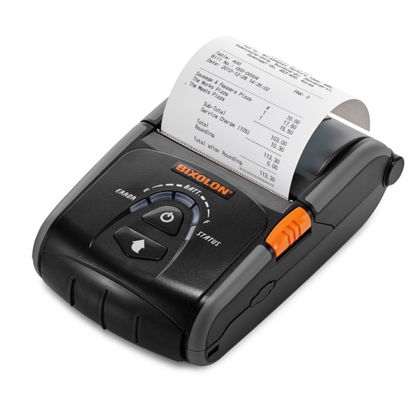 Top-down angled view of the black BIXOLON SPP-R200IIIIK mobile thermal receipt printer actively printing a restaurant receipt, showing the orange side latch, control buttons, and orange BIXOLON branding, isolated on a white background.