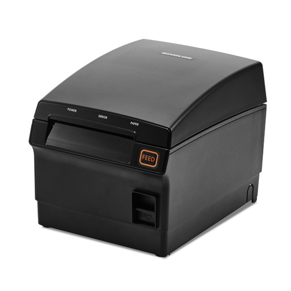 Front three-quarter view of the black BIXOLON SRP-F310IICOSK front-exit thermal receipt printer in a closed standby state, showing its smooth top cover, empty front dispensing slot, and square orange feed button on a solid white background.