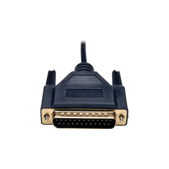 Close-up product view of the gold-plated DB25 male serial connector end of the Tripp Lite P456-006 null modem cable, isolated against a white background. The image clearly displays the 25 connection pins housed in a black molded PVC boot featuring integrated plastic thumb screws for secure attachment.